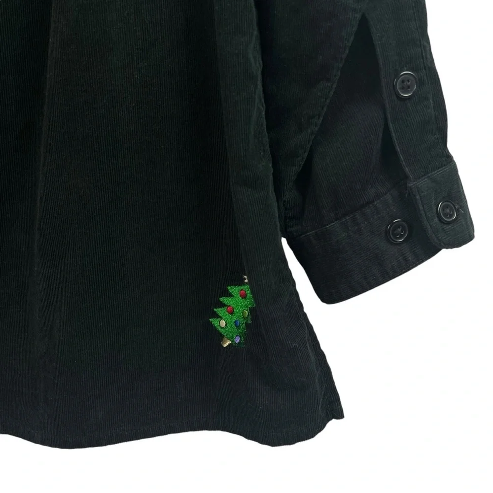 The Quaker Factory Corduroy Shirt Embroidered Christmas Trees Black Large - Picture 5 of 9